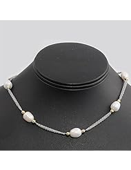 Sterling Silver Freshwater Pearl Mesh Necklace - Two-tone - Length: 16"