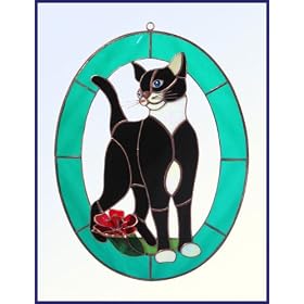 Gallery Art Glass Cat and Flower Teal Large 3-Dimensional Window by Gallery Art Glass