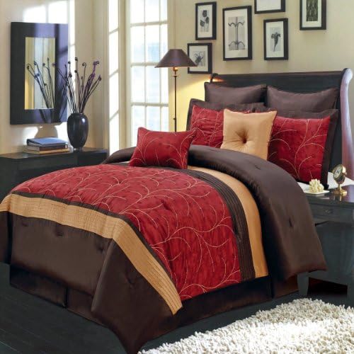 Luxurious Atlantis 8 Piece Comforter Set - Floral Leaf Pattern and Textured Quilting (Full, Red)