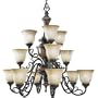 Progress Lighting P4129-92C 3-Tier 12-Light Chandelier with Umber Mist Glass In Crafted Forged Iron Details and Copper Leaf Accents, Old Iron Crackle