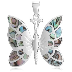 Silver Pave Shell Butterfly Pendant