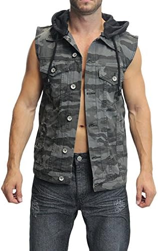 Victorious Camo Denim Vest with Detachable Hood DK85 - BLACK/CAMO - Large