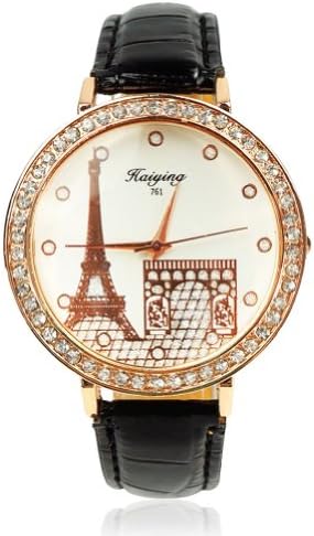 ZLYC Women Eiffel Tower & Triumphal Arch Rhinestone Diamond Causal Wrist Watch Gold