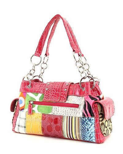 Rhinestone Buckle Accent Patchwork Satchel Tote Handbag - Choice of Colors (MTFS)