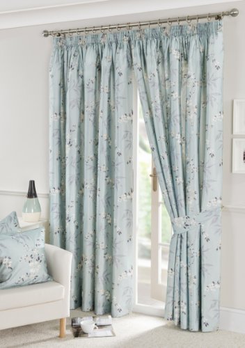 Creative Interiors Kyoto Faux Silk Lined Ready Made Printed Floral Curtains 90" x 90" (229cm x 229cm) in Teal with a Pencil Pleat Tape Top