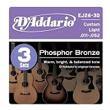 D'Addario EJ26-3D Phosphor Bronze Acoustic Guitar Strings, Custom Light, 11-52, 3 Sets