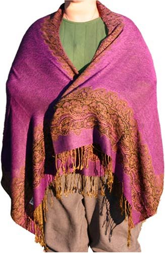 Pashmina/Silk Green-Gold Trimmed Purple Shawl