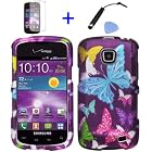 4 items Combo: Mini Stylus Pen + LCD Screen Protector Film + Case Opener + Purple Pink Green Yellow Blue Multi Color Butterfly Design Rubberized Snap on Hard Shell Cover Faceplate Skin Phone Case for Straight Talk Samsung Galaxy Proclaim 720C SCH-S720C / Verizon Samsung Illusion i110