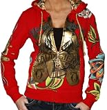 CHRISTIAN AUDIGIER Ed Hardy Crystal Rock Womens Tattoo Platinum Hoodie Shirt Hooded Sweatshirt Red