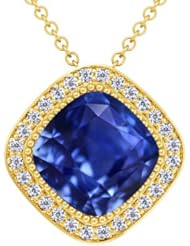 18K Yellow Gold Cushion Cut Blue Sapphire And Round Diamond Pendant (GIA Certificate)