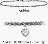 10 Karat 10 White Gold Wheat Style White Stone Heart Charm Anklet