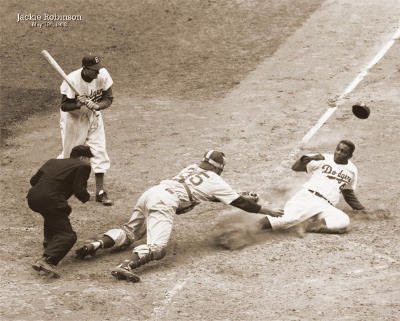 Professionally Framed Jackie Robinson Stealing Home Sports Poster Print - 16x20 with RichAndFramous Black Wood Frame