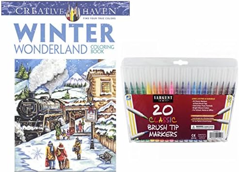 Dover Adult Coloring Book Winter Wonderland and Sargent Art Firm Brush Tip Marker Pens in a Case, Set of 20 Gift Set: Stress Relieving Charming Winter Scenes to Color and Enjoy!