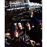 NHL Mike Bossy Cup over head in Blue Jersey Autographed 8-by-10-Inch Photograph