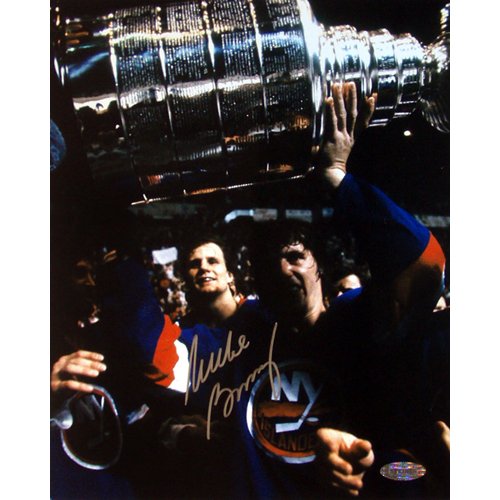 Steiner Sports NHL Mike Bossy Cup over head in Blue Jersey Autographed 8-by-10-Inch Photograph