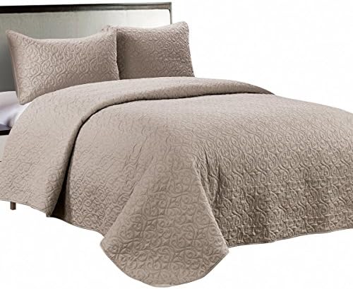 Jackson Hole Home PREWASHED 3 PC Solid Color Soft Pattern Coverlet Quilt Set, Khaki, King