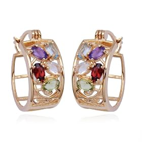 18k Yellow Gold Overlay Sterling Silver Multi-Gemstone Hoop Earrings