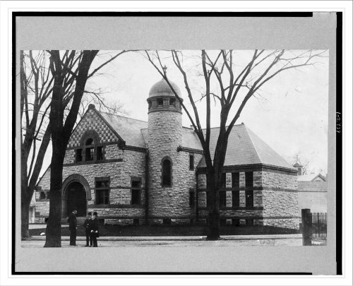Historic Print: Exterior of public library, Dedham