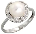 18k White Gold Diamond Ring, w/ 0.18 Carat Baguette Diamonds & 2.58 Carats (7mm) White Pearl, 7/16" (11mm) wide
