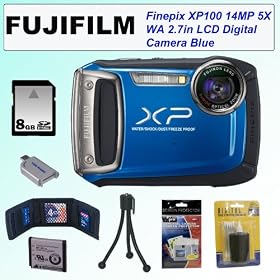 Fuji Film Finepix XP100 14MP 5X WA 2.7in LCD Digital Camera Blue + 8 Gb Memory Card + MMC Card & SD Reader USB + Rechargeable Replacement Battery + Accessory Kit