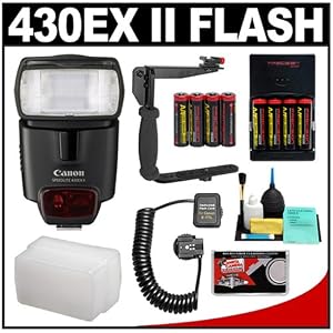 Canon 430EX II Speedlite Flash + 8 Batteries & Charger + Sto-Fen Omni-Bounce Diffuser + Cord + Stroboframe 350 Bracket for Canon EOS Rebel XT, XTi, XS, XSi, T1i, 50D, 40D, 5D SLR Digital Cameras