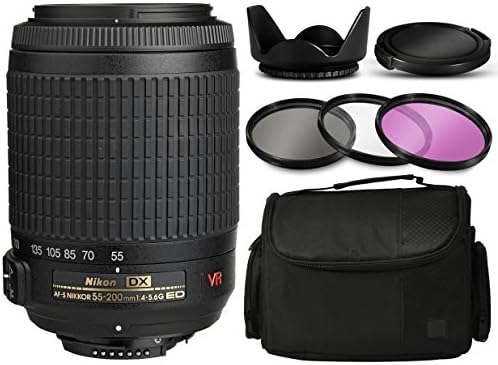 Nikon AF-S DX VR Zoom-NIKKOR 55-200mm f/4-5.6G IF-ED Lens 2166 with 3 Piece Filter Kit + Flower Tulip Lens Hood + Protective Lens Cap + Large Padded Case + Dust Care Cleaning Kit + $50 Gift Card for Nikon DF D7200 D7100 D7000 D5500 D5300 D5200 D5100 D5000 D3300 D3200 D3100 D3000 D300S D90 D60 DSLR SLR Digital Camera