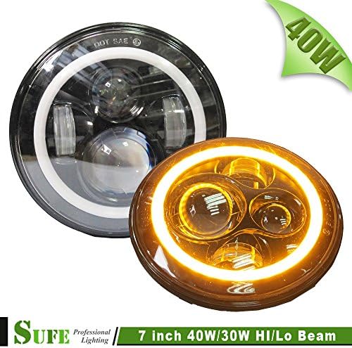 SUFE 2PCS 7 Inch Round LED Headlight With Amber Signal Halo Angle Eyes with DRL Halo For 97-15 Jeep Wrangler JK LJ CJ Hummer (7'' Round 40W Pair)