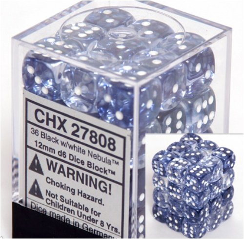 Chessex Nebula 12mm d6 Black w/White Dice Block 36 Dice