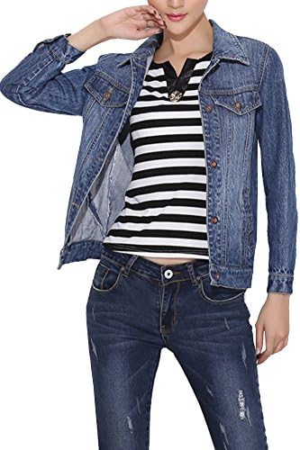 Alionz Women Autumn Denim Turn Down Collar Retro Solid Jacket Tops Outwear M Darkblue