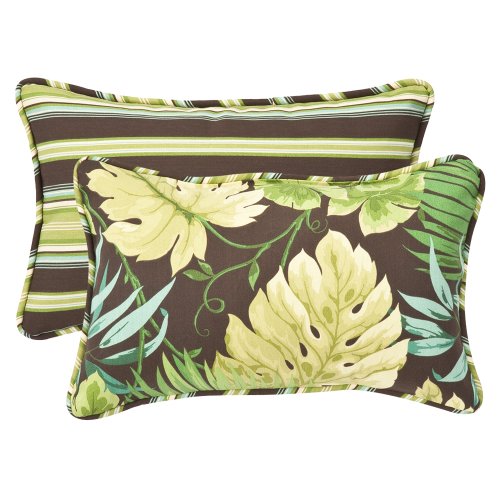 Pillow Perfect Decorative Green/Brown Tropical/Striped Reversible Toss Pillow, Rectangle, 18-1/2 Length, 2-Pack