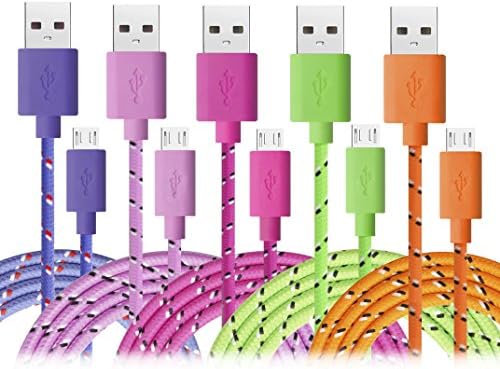 iForever 5 Pack 2M/6ft Durable and Nylon Braided Micro USB 2.0 Cable Charging and Sync Data Cables Cord for Samsung, Android, Nexus, LG, Motorola, HTC, Nokia (Green, Orange, Hot Pink Pink Purple )