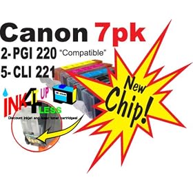 7 pk Canon CLI-221 PGI-220 brand new compatible(not remanufactured) Ink Cartridge With CHIP! (2) PGI 220 black, (1) CLI 221 yellow, (1) CLI 221 cyan, (1) CLI 221 magenta, (2) CLI 221 black. Fits Canon All-in-One Machines PIXMA MP620 PIXMA MP980 PIXMA MX860 PIXUS MP610 Canon Photo Printers PIXMA iP3600 PIXMA iP4600.