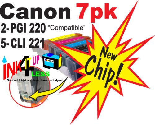 7 pk Canon CLI-221 PGI-220 brand new compatible(not remanufactured) Ink Cartridge With CHIP! (2) PGI 220 black, (1) CLI 221 yellow, (1) CLI 221 cyan, (1) CLI 221 magenta, (2) CLI 221 black. Fits Canon All-in-One Machines PIXMA MP620 PIXMA MP980 PIXMA MX860 PIXUS MP610 Canon Photo Printers PIXMA iP3600 PIXMA iP4600.