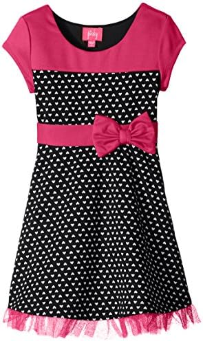 Pinky Pink Little Girls' Heart Ponte Dress with Contrast, Fuchsia/Black, 6