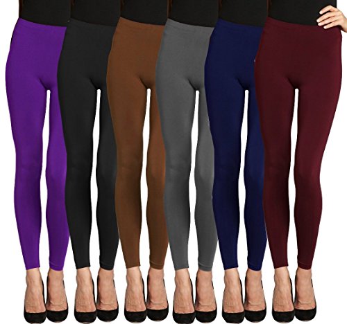 Lush Moda Seamless Full Length Leggings - Variety of Colors - 6Pack- Black-Br-Burg-Charc-Navy-Pur