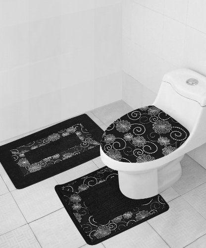BLACK 3 Piece Embroidered Bathroom Rug/mat Set.