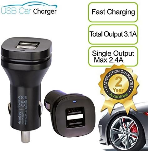 Avantree 2-Port 3.1A/15.5W Rapid USB Car Charger Car Phone Charger (single output Max2.4A) Cigarette Charger for Tablet and Smartphones
