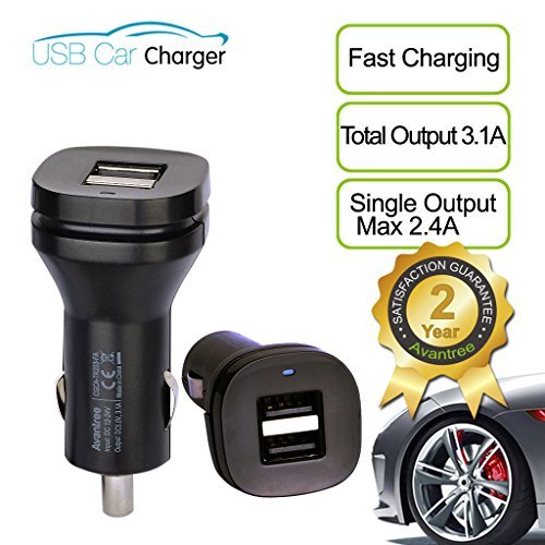 Avantree 2-Port 3.1A/15.5W Rapid USB Car Charger Car Phone Charger (single output Max2.4A) Cigarette Charger for Tablet and Smartphones