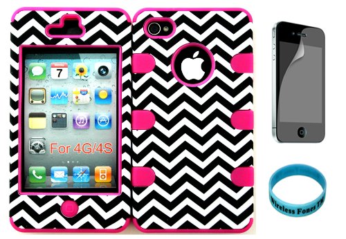 For Apple iPhone 4/4s Chevron Waves Pattern Matte Finish Snap on + Pink Silicone Hybrid Case Cover with Screen Protector and Wristband Exclusively By Wirelessfones TM