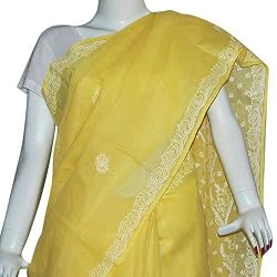Embroidered Sari Cotton Fabric Chikankari India Yellow (chsari112)