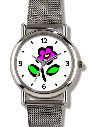 Stylized Red-Purple Pansy (Hot Pink) Flower - WATCHBUDDY® ELITE Chrome-Plated Metal Alloy Watch with Metal Mesh Strap - Small ( Children's Size - Boy's Size & Girl's Size )
