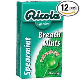 Ricola Herbal  Sugar Free Spearmint Breath Mints, 0.88-Ounce Boxes (Pack of 12)