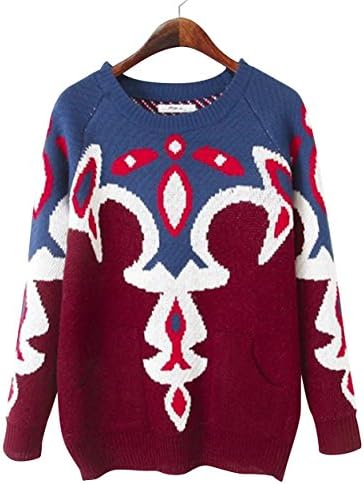 ASWO Women's Indian Totem Prints Round Neck Knitted Pullover Sweaters Wine Red