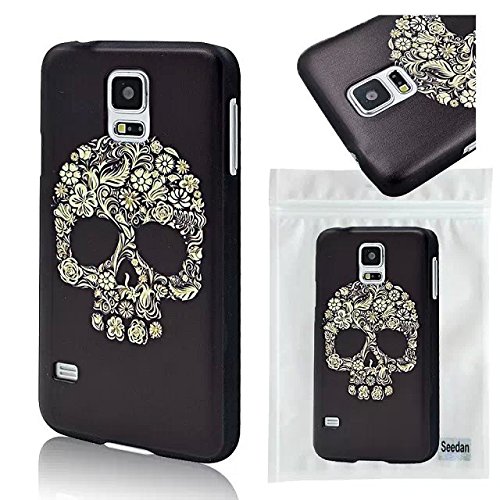Seedan Flower Skull Painted PC Hard Case for Samsung Galaxy S5 i9600 Protective Back Black Cover Skin