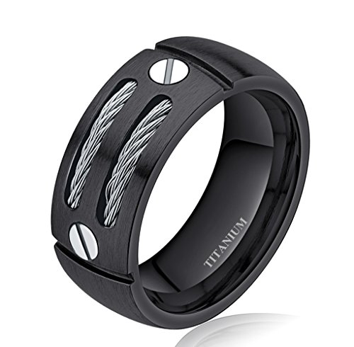8mm Men's Silver/black Cable Inlay Titanium Ring Wedding Band Screw Design Size 6-14