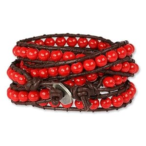SilberDream Bracelet de cuir avec des boules de verre rouges et d'autres éléments décoratifs cuir Couleur, réglables pour les femme LA2624R