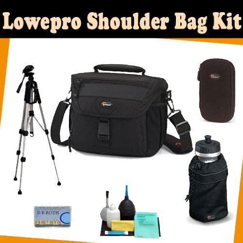 LowePro Shoulder bag kit which includes the Lowepro Nova 180 AW Camera Bag (Black) + TR-60N Camera Tripod + DMC-Z wallet for memory card(s), batteries, Mini DV tapes and more + Lowepro Mesh Water Bottle Bag for 32oz. Size Bottles + Camera lens Cleaning kit + DB ROTH Micro Fiber Cloth.