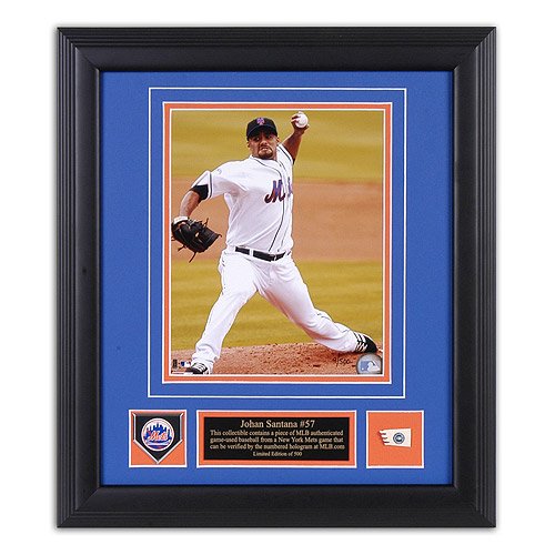 New York Mets Johan Santana Framed 8X10 Photo W/ Game Used Baseball/Medallion And Plate By Mounted Memories