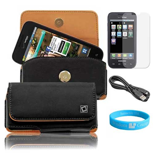 Magnetic Noble Leather Horizontal Case with Optional Spring Belt Clip for Samsung Fascinate Galaxy SCH- 1500 ( BLACK ) + Anti Glare Clear Screen Protector + USB Sync Data Cable + Blue Wisdom * Courage Wristband