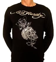 New Ed Hardy Men's Midnight Rhinestone Skull & Roses Black T-shirt, Size M